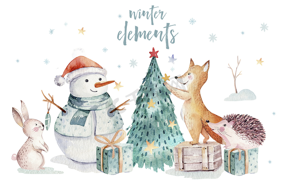 水彩金色圣诞快乐与雪人, 圣诞树, 节日可爱的动物狐狸, 兔子和刺猬。圣诞节庆祝卡。冬季新年设计.图片