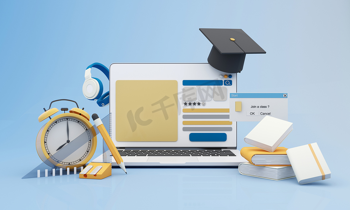 Back to school join to online learning with school supplies and equipment. laptop computer screen with phone and school accessories and textbooks on yellow and blue background. cartoon -3D Rendering图片