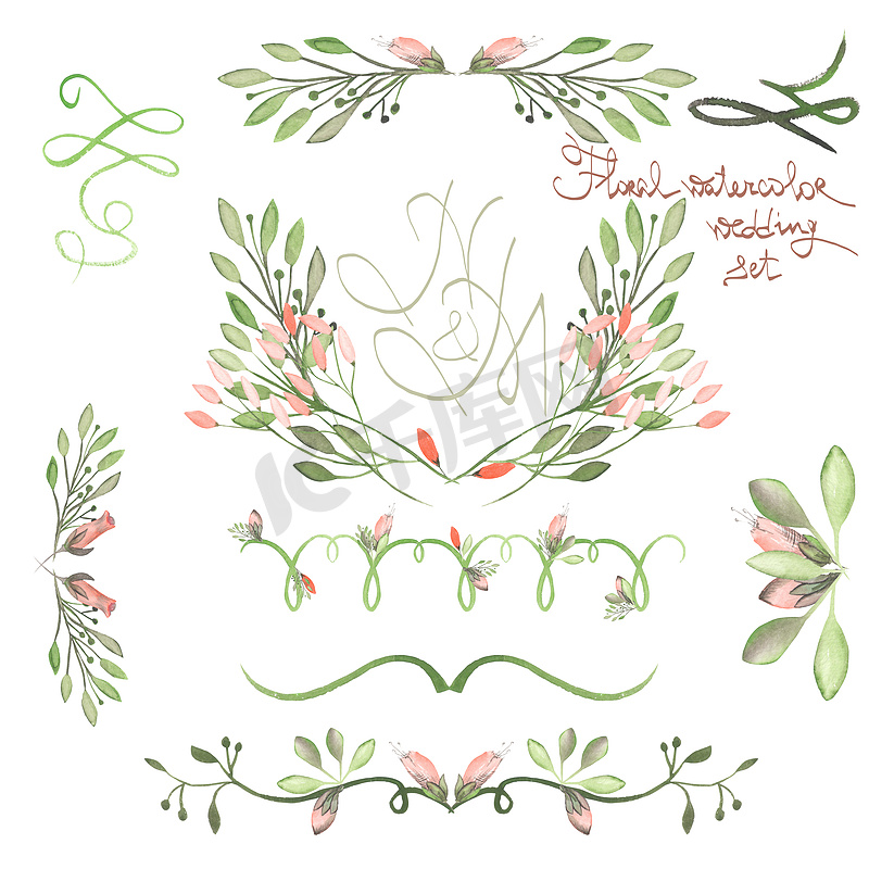 与框架边框，以水彩花卉，花卉装饰摆件套树叶和树枝的婚礼图片