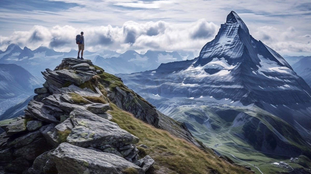 山脉的石头和岩石励志人站在山顶企业文化商务图片