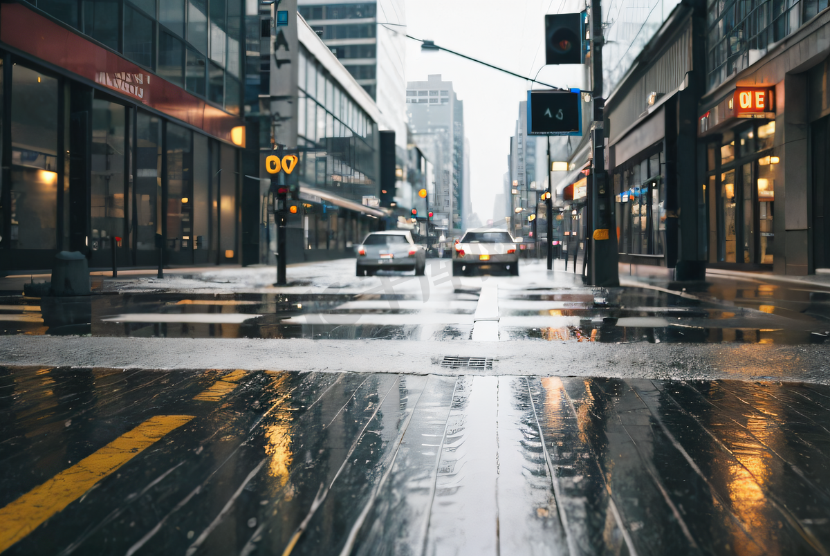 被雨打湿的城市街道摄影配图图片