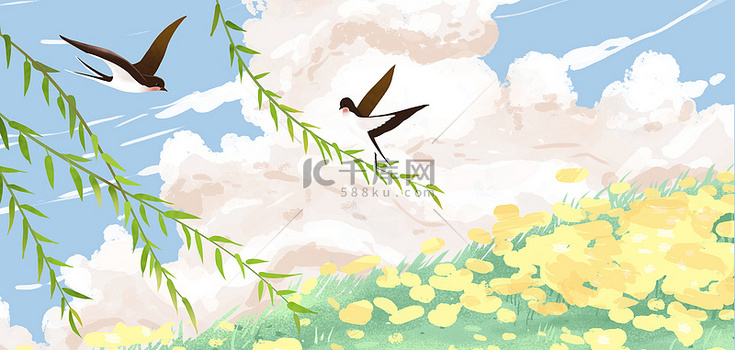 春天花丛插画背景