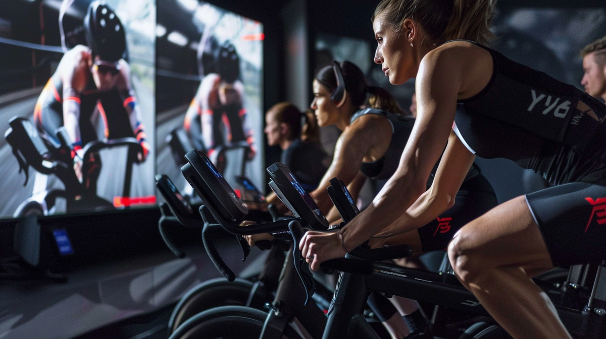 女性集体骑动感单车进行健身训练图片