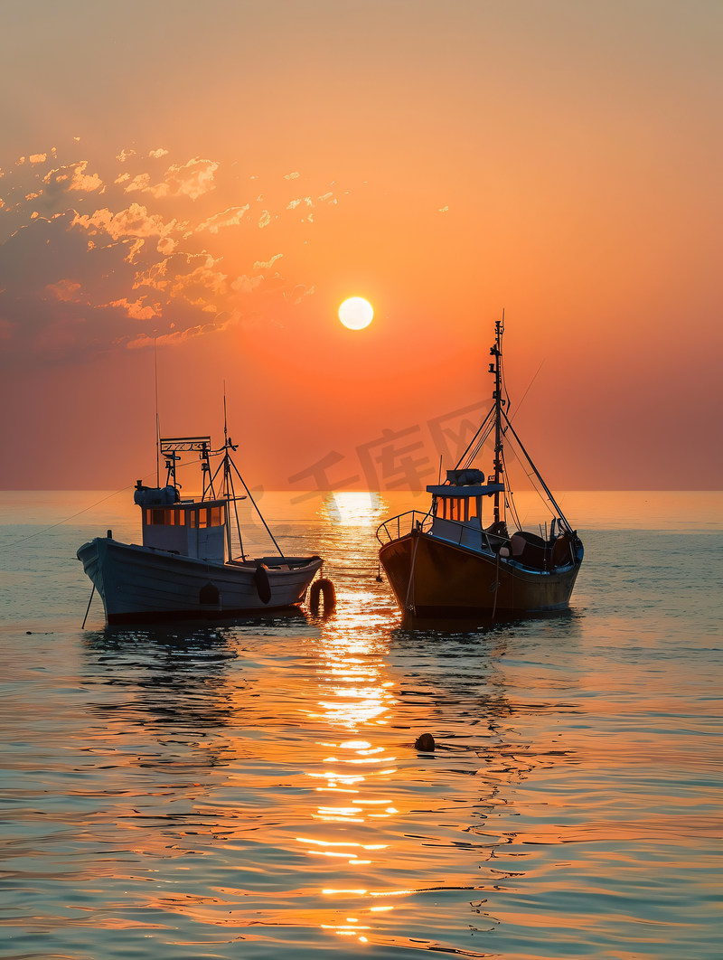 夕阳大海与渔船图片