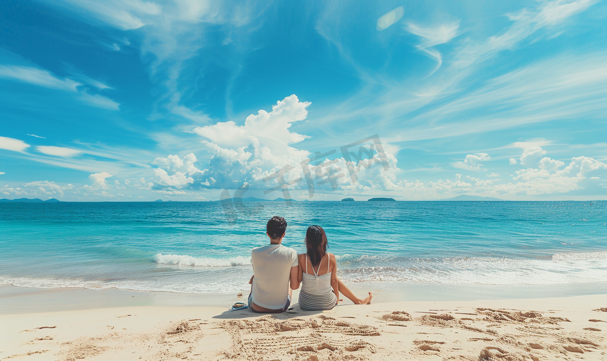 海边情侣坐在沙滩看大海背影图片