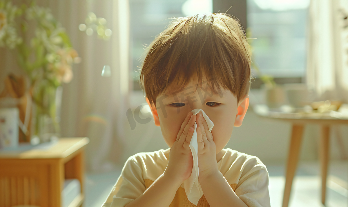 吹他的鼻子的病的小男孩在手帕呼吸图片