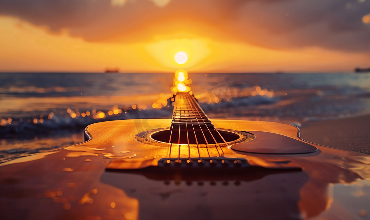 夕阳下的吉他特写图片