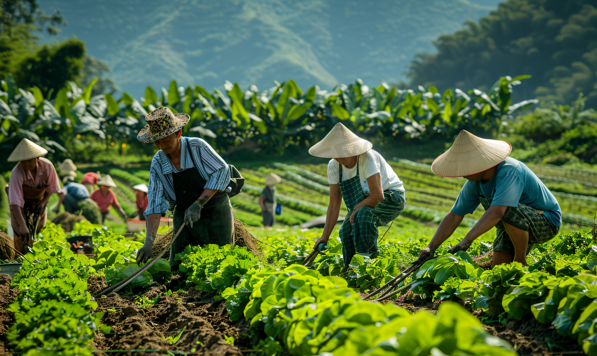 亚洲人科研人员和农民在菜地里交流技术图片