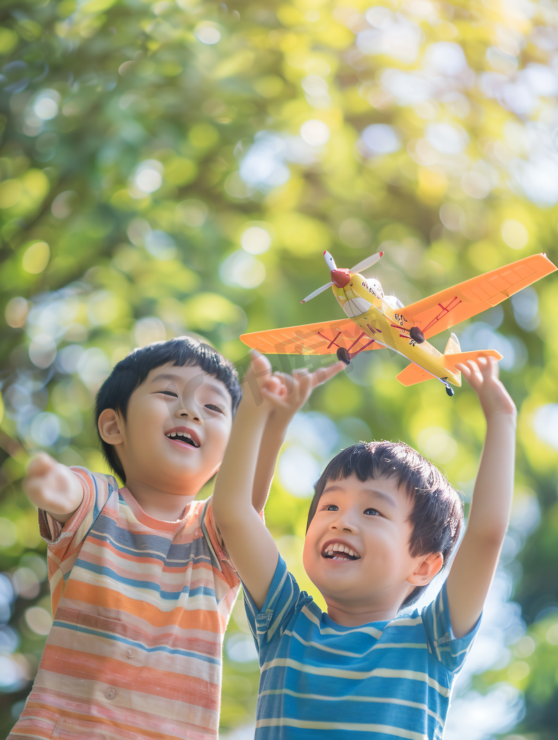 亚洲人拿着玩具飞机在公园玩耍的快乐儿童图片