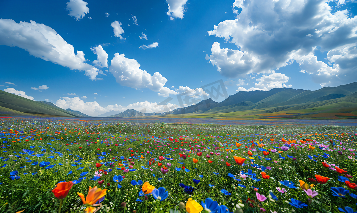 新疆伊犁巩留县核桃沟景区的蓝天白云和花海摄影图图片