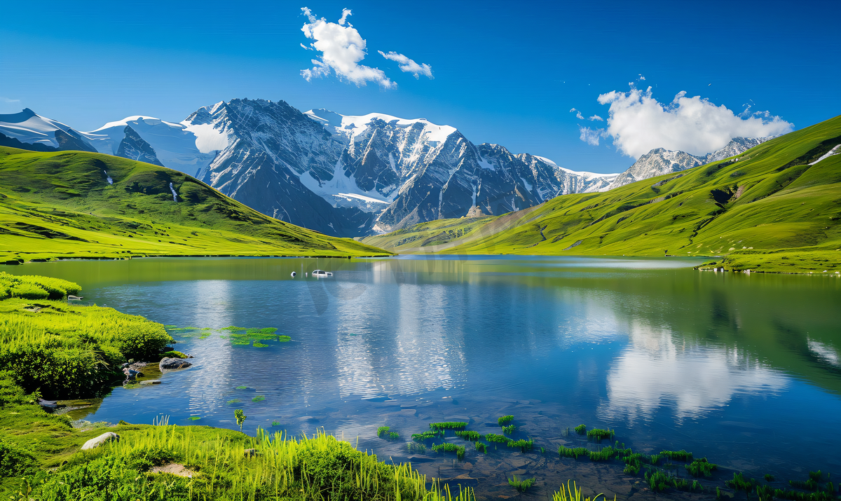 新疆伊犁唐布拉仙女湖草原雪山摄影图图片