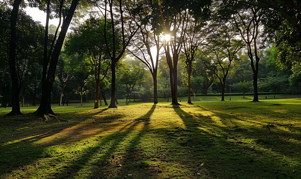 公园阳光束穿过树木森林图片