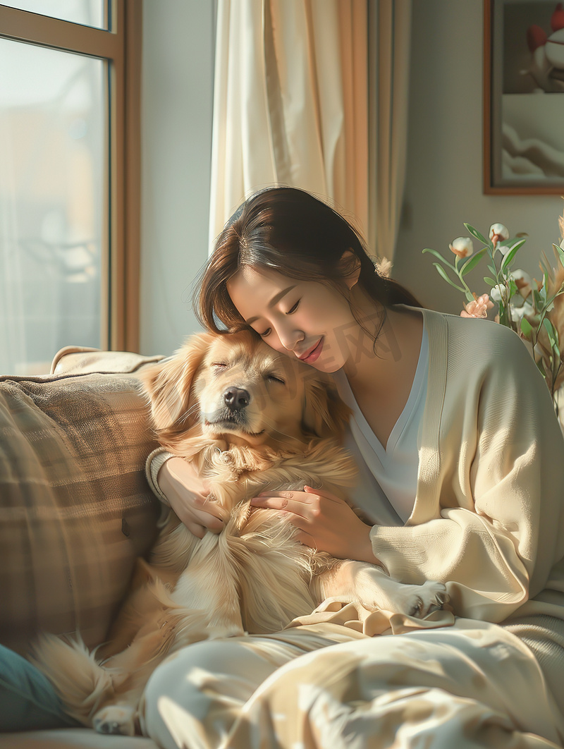 女人和狗坐在沙发上摄影配图图片