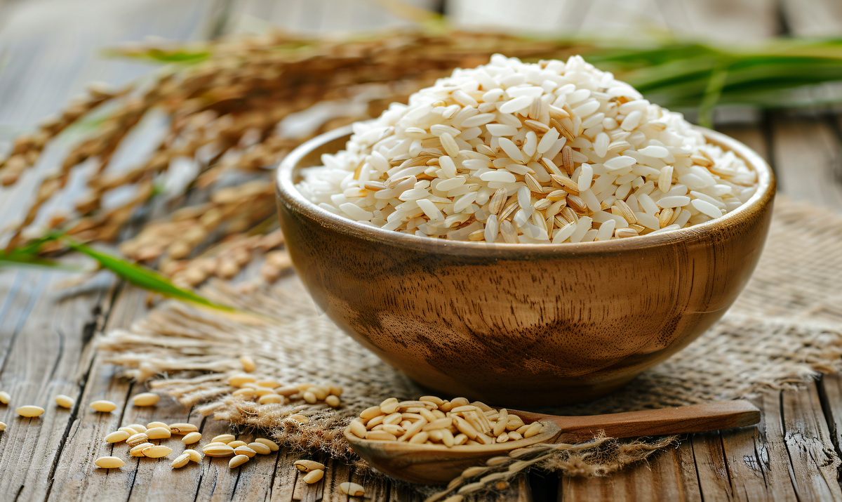木桌背景上碗中盛有生米粒和干稻的熟米图片