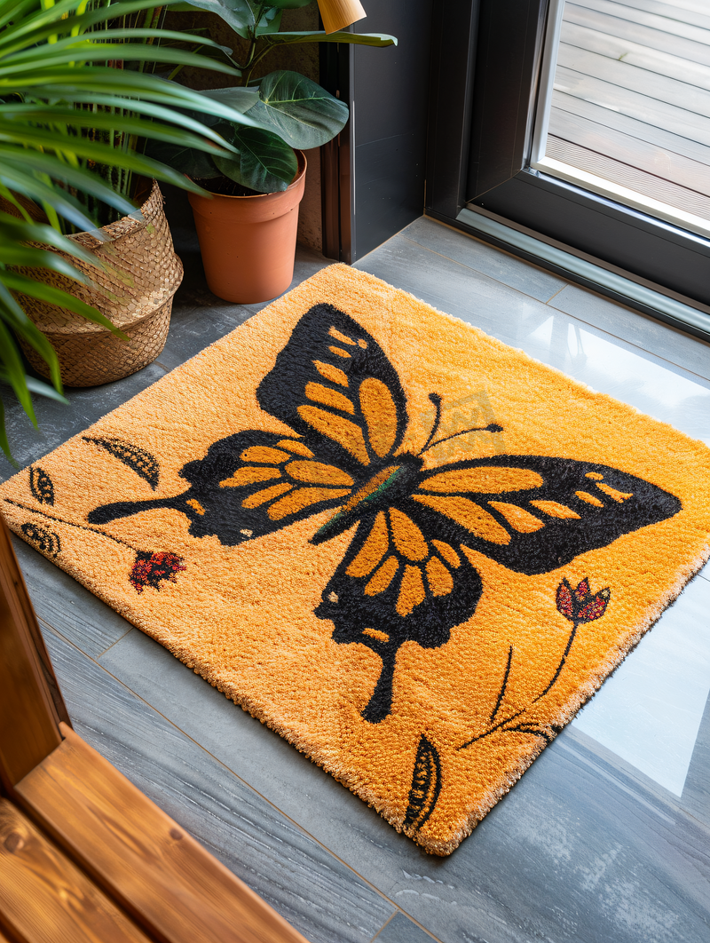 美丽的迎宾桃色椰壳纤维门垫带蝴蝶图片