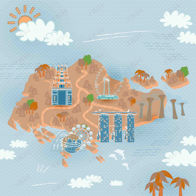 手绘矢量旅游新加坡景点地图码头海报背景图片