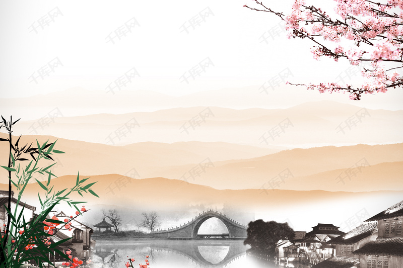 江南水乡水墨画海报背景素材背景图片免费下载