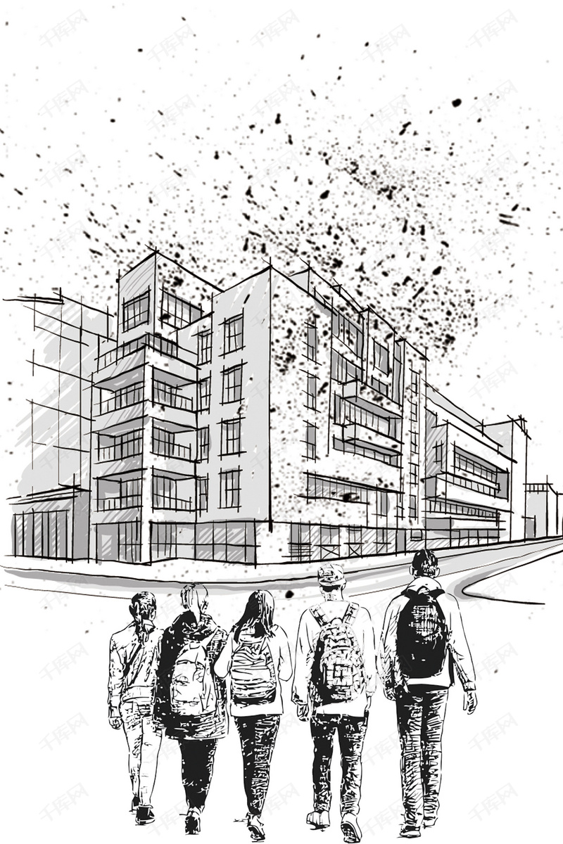 黑白简约线条卡通背影身影建筑背景素材背景图