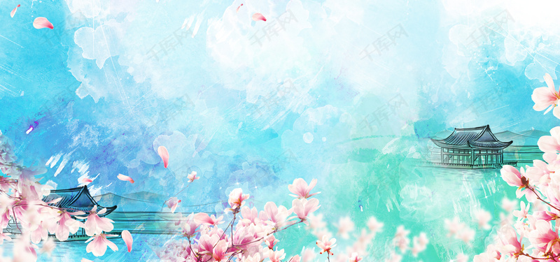动漫樱花节渲染中国风蓝色banner背景图片免费