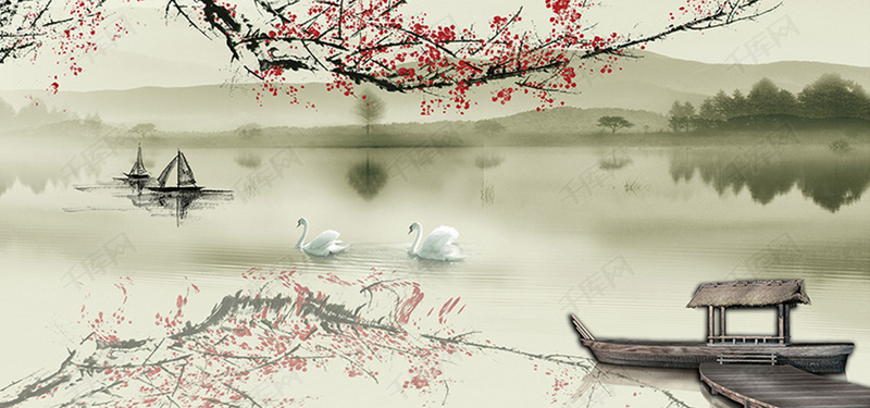 水墨山水梅花倒影家居电视背景图片免费下载_