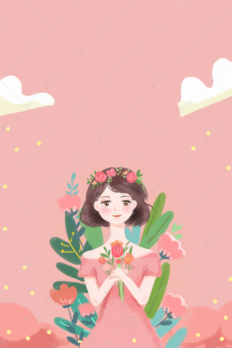 女神节鲜花少女护肤品插画海报背景图片免费下