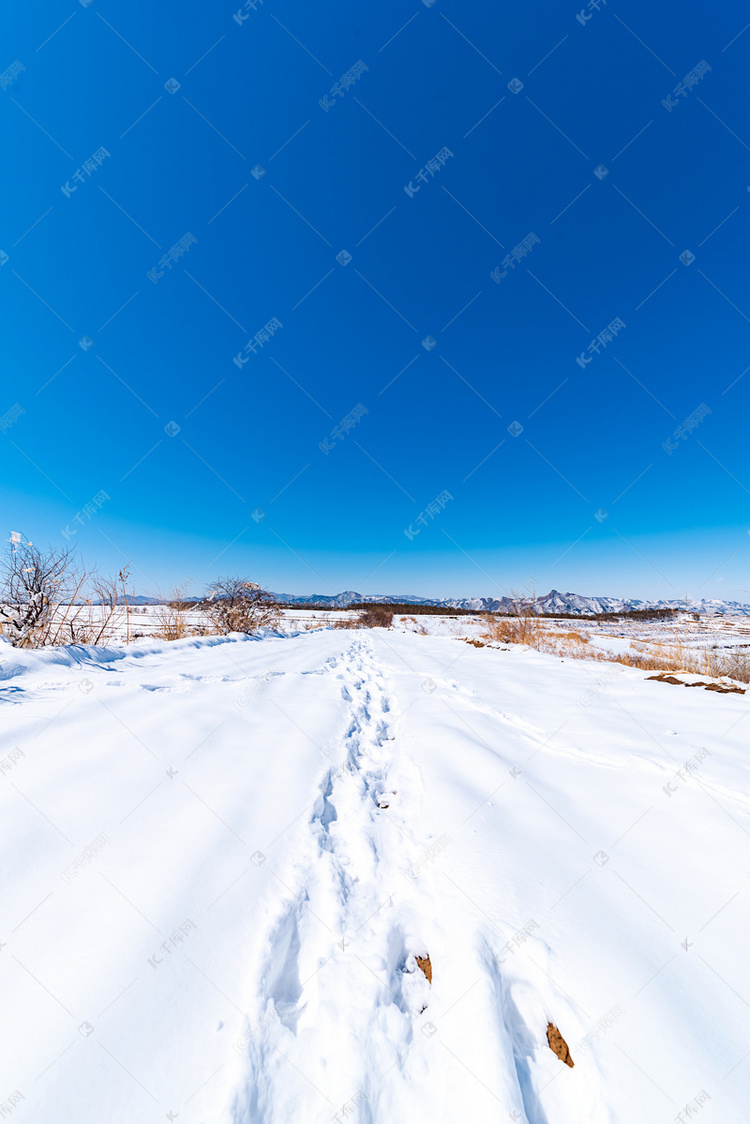雪后蓝天雪地一串脚印摄影图