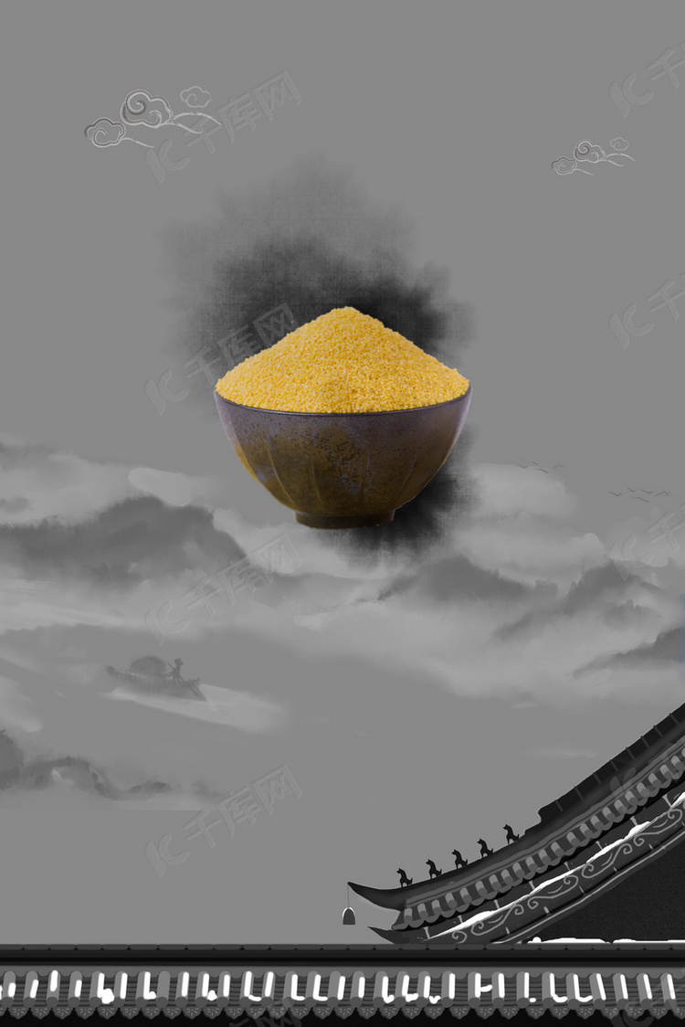 中国风屋檐小米粗粮宣传海报背景