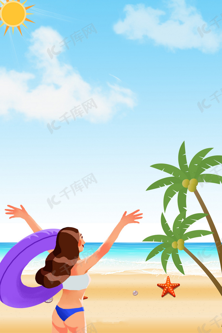 海边卡通比基尼美女旅游海报背景