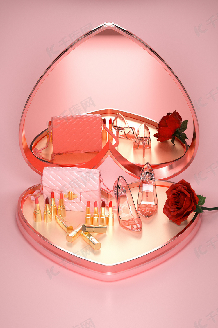 粉红女王节玫瑰花宝盒背景海报
