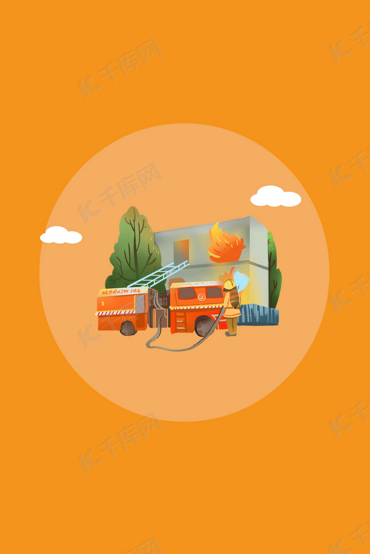 卡通手绘橙色消防安全消防车海报