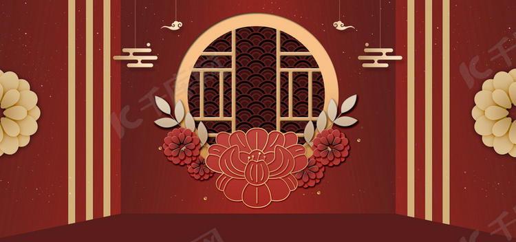 年货节文艺古典花朵红色banner