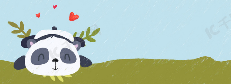 手绘卡通趴在草地上的熊猫蜡笔质