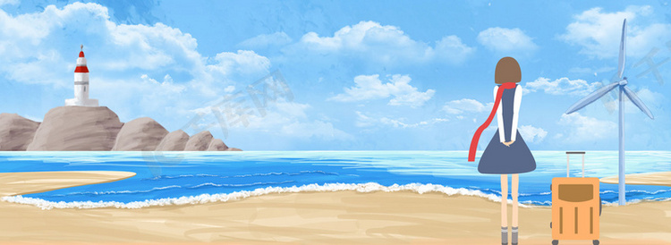 蓝色大海手绘暑假旅行少女海滩背
