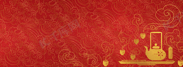 茶壶和茶杯中国风红金背景