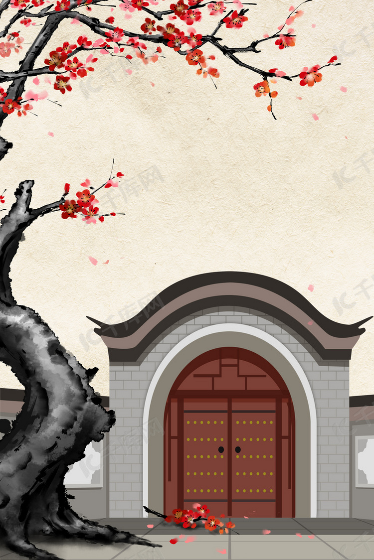 中国风纸质宫廷古树背景素材