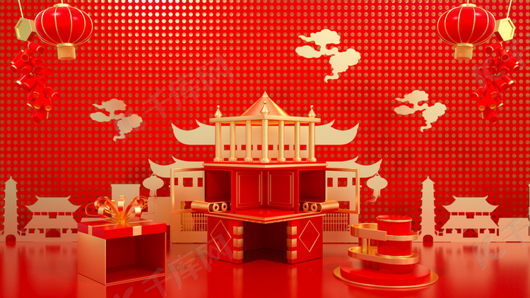 C4D红金2020年货节喜庆中国红背景