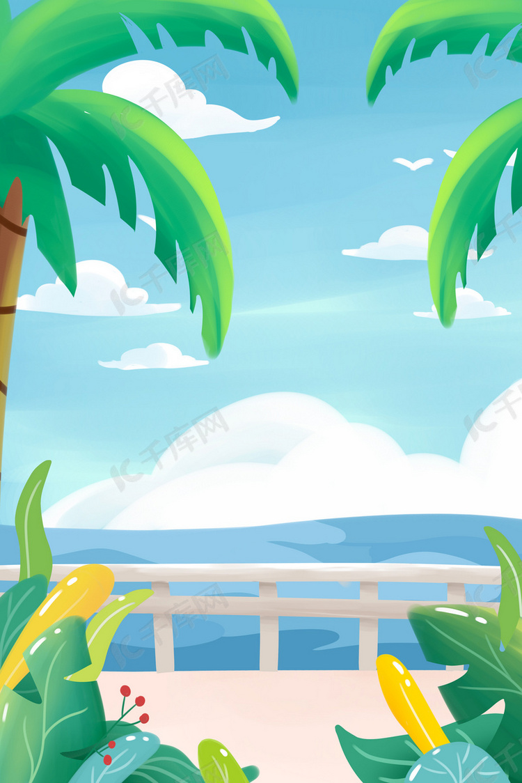 夏季海边护栏大海椰子树蓝天白云