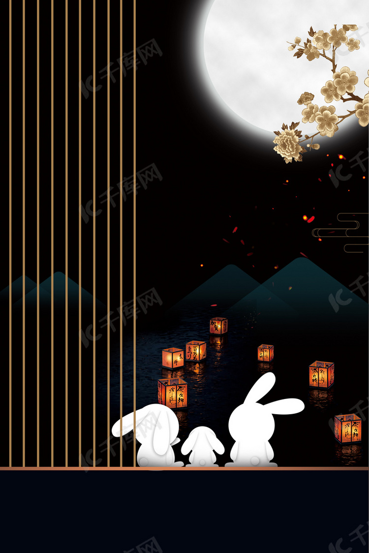 黑色创意中秋节月圆兔子海报背景