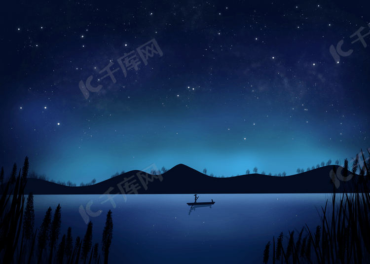 夜晚星空下的远山和小船