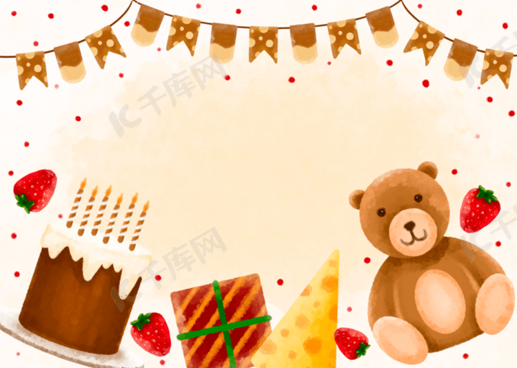 巧克力草莓小熊生日蛋糕水彩背景