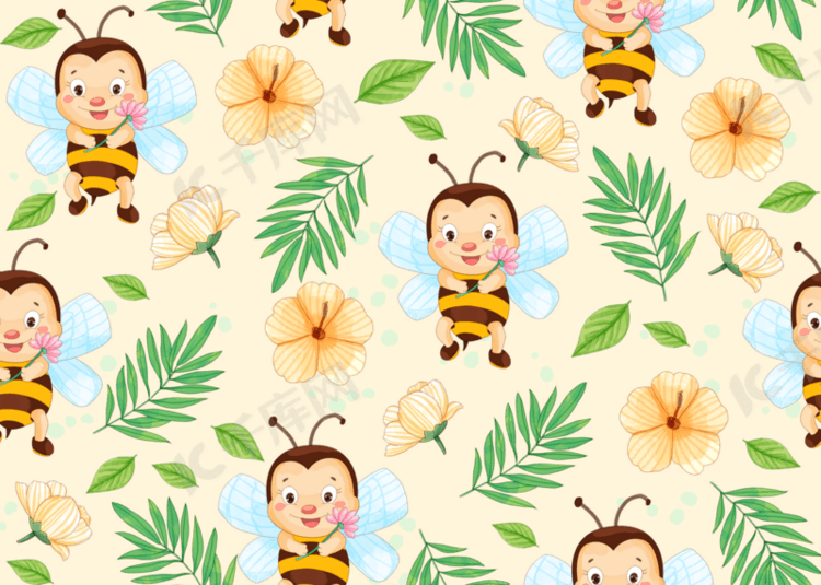 夏季水彩可爱蜜蜂与花朵无缝隙背