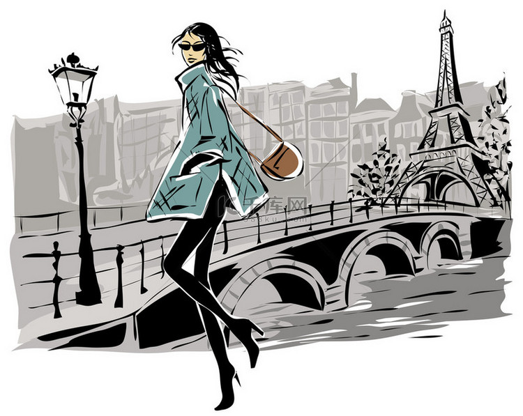 时装模特在素描风格秋冬巴黎市背