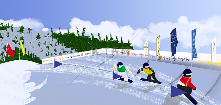 冬季运动会单板滑雪蓝色卡通比赛