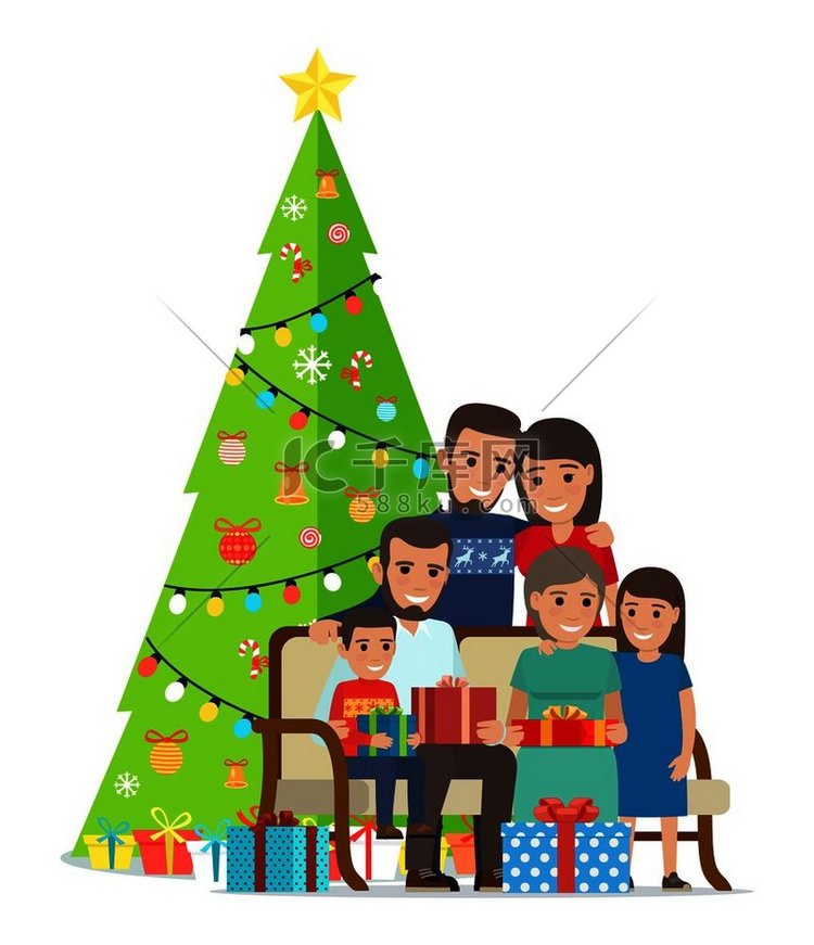 大家庭聚集在长凳上装饰过的圣诞