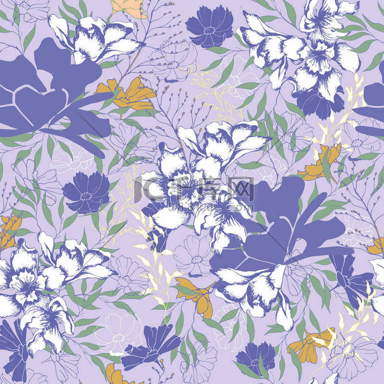 花卉复古纹理织物。紫色背景上的