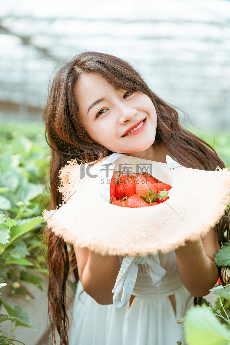 夏天文艺白天摘草莓的美女采摘园