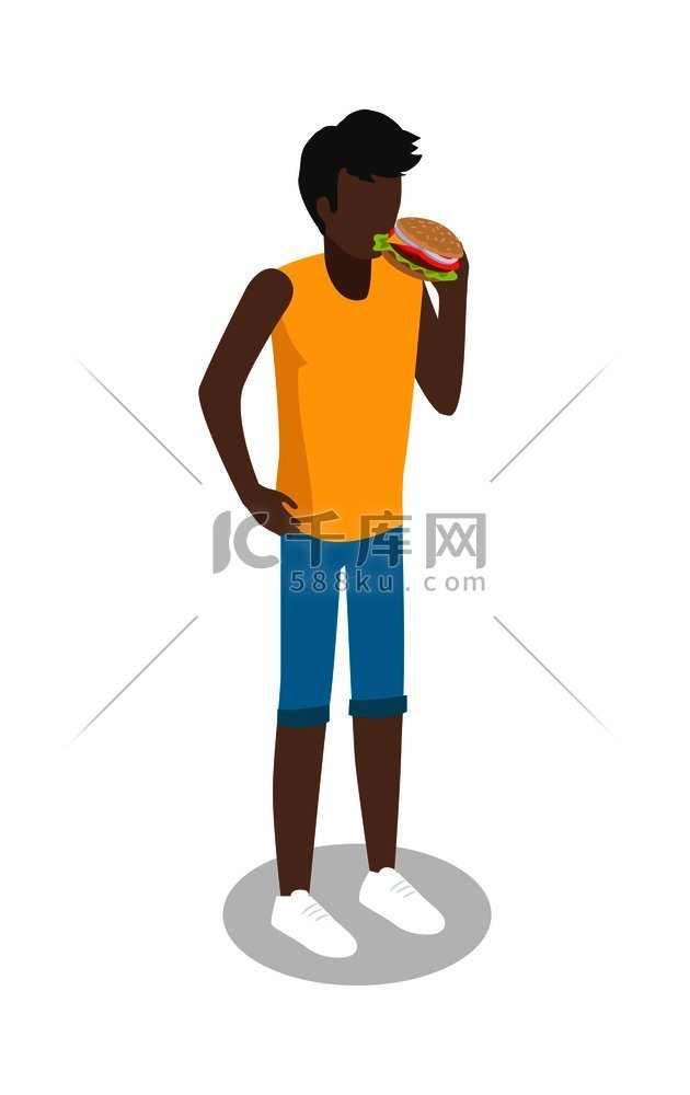 穿着短裤和短裤的黑发男人吃汉堡