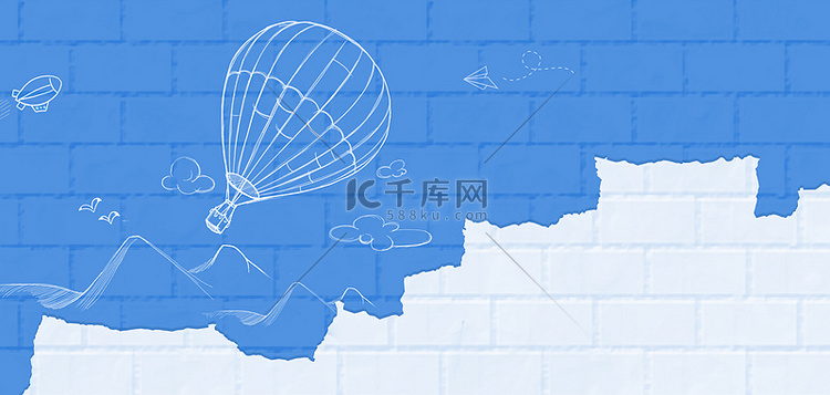 热气球飞机云砖墙蓝色 手绘卡通