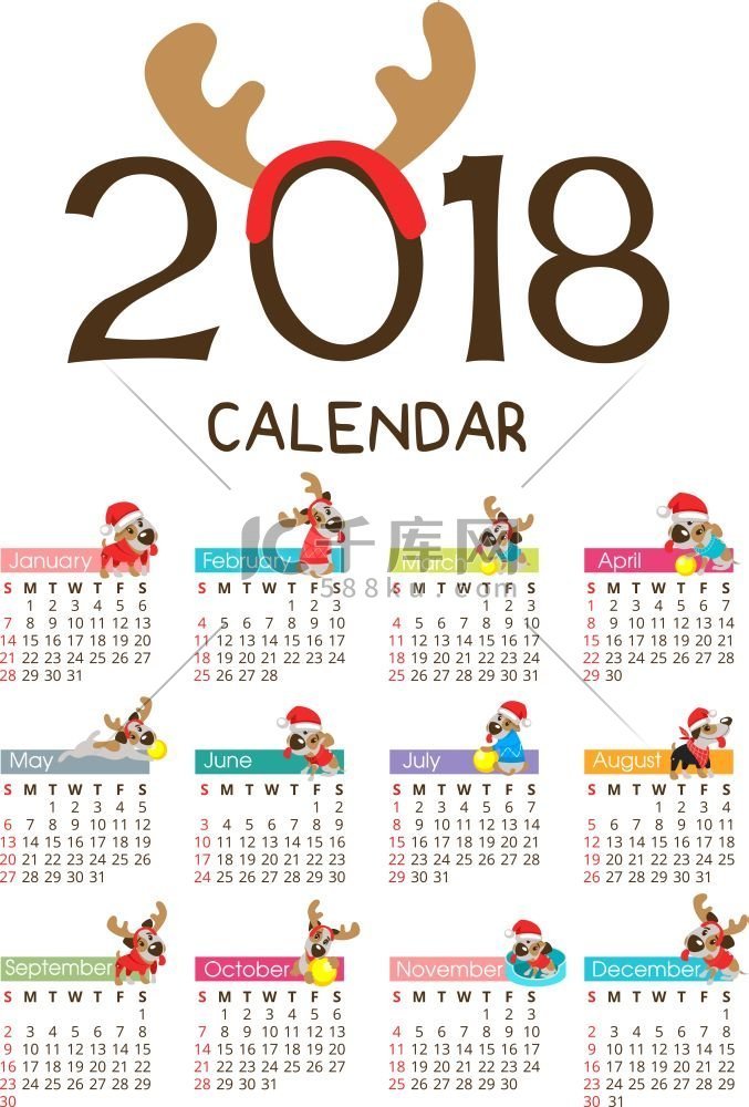 新 2018 年的日历。狗年的象征。