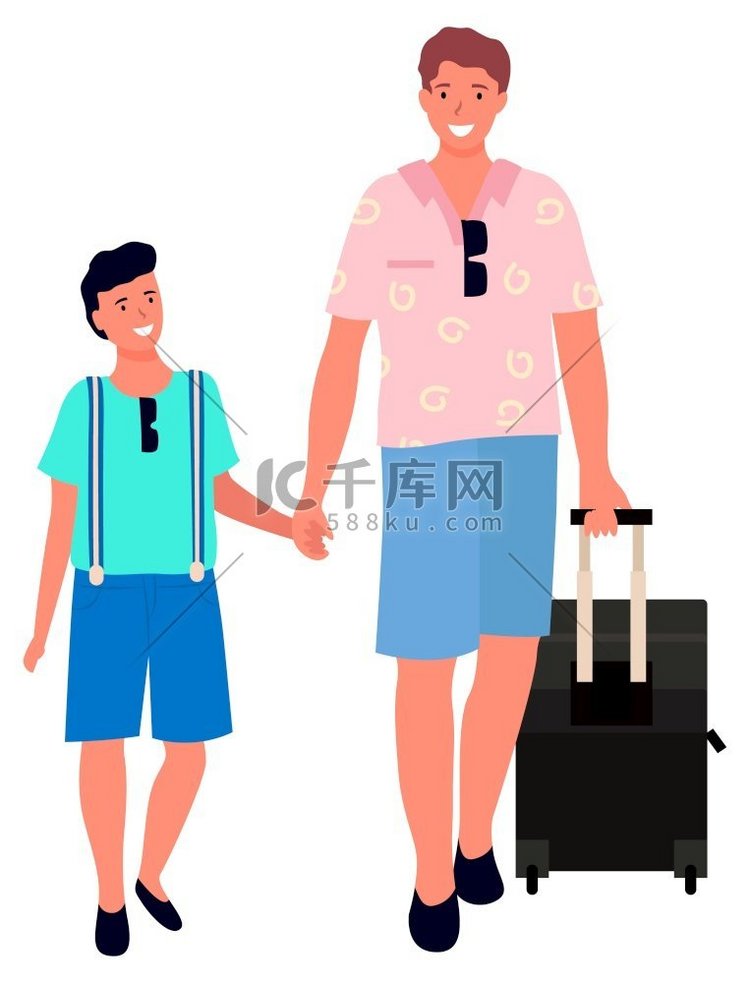 年轻的父亲和儿子一起去度假，手